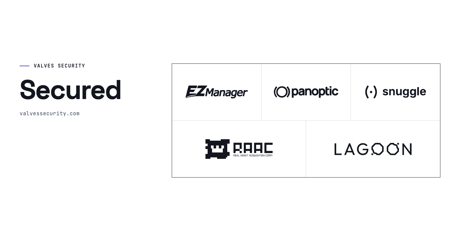 Valves Security social banner: Secured EZManager, Panoptic, Snuggle, RAAC and Lagoon